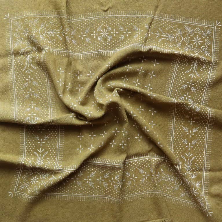 Raw Silk Bandana - Olive & White