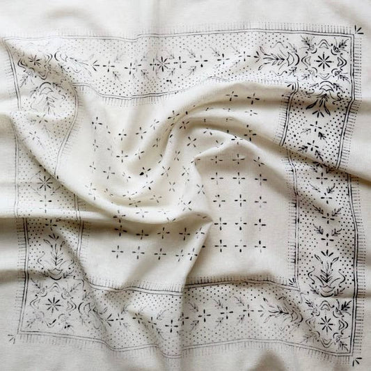 Raw Silk Bandana - Cream & Black